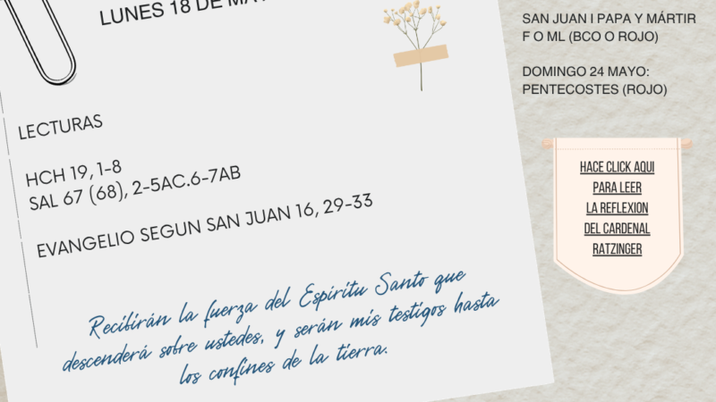Recibirán la fuerza del Espíritu Santo que descenderá sobre ustedes, y serán mis testigos hasta los confines de la tierra.
