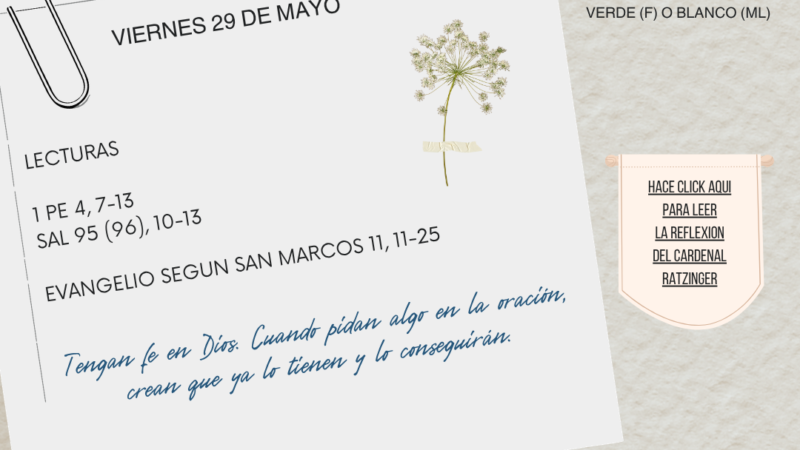“Tengan fe en Dios. Cuando pidan algo en la oración, crean que ya lo tienen y lo conseguirán.“