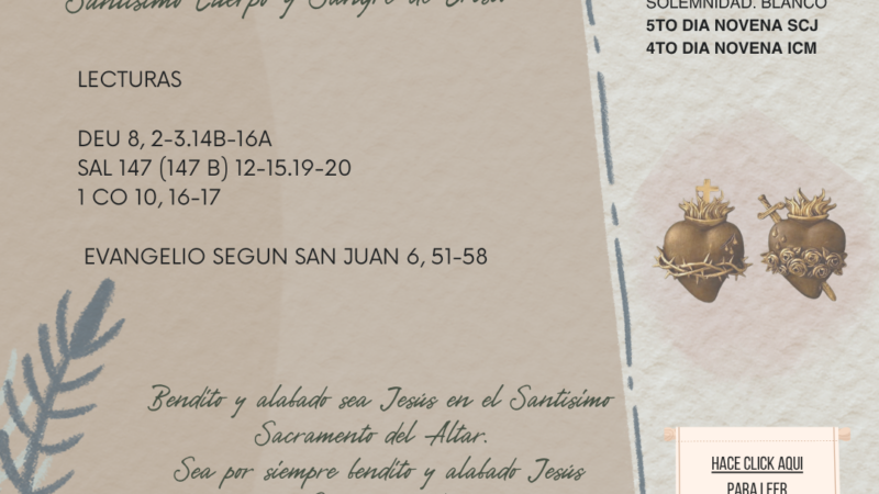 Bendito y alabado sea Jesús en el Santísimo Sacramento del Altar. Sea por siempre bendito y alabado Jesús Sacramentado.