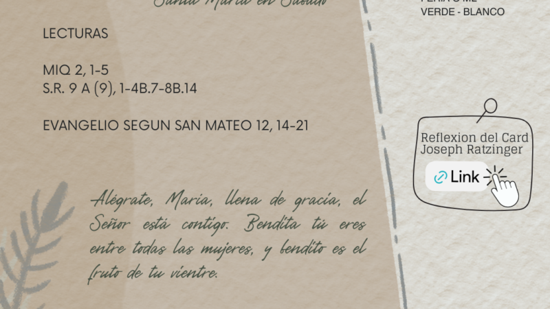 Alégrate, María, llena de gracia, el Señor está contigo. Bendita tú eres entre todas las mujeres, y bendito es el fruto de tu vientre.