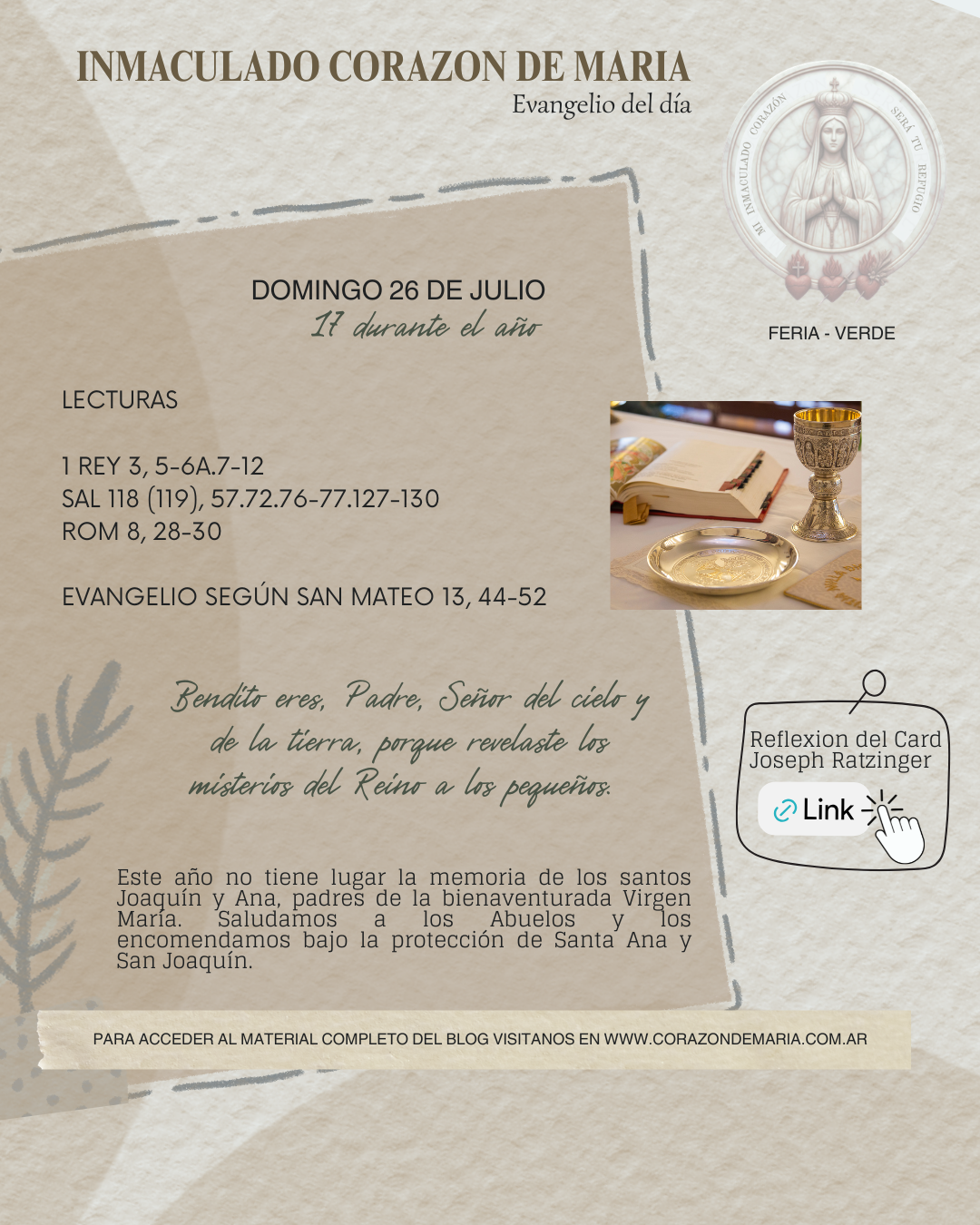 Bendito eres, Padre, Señor del cielo y de la tierra, porque revelaste los misterios del Reino a los pequeños.